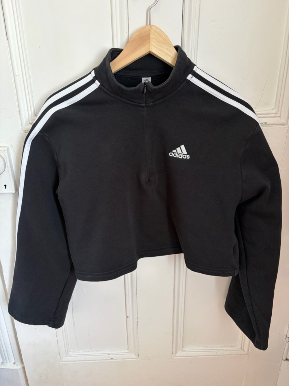 adidas Black Zip-Up Cropped Pullover with White Logo